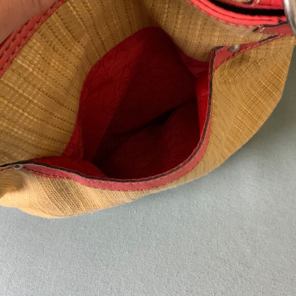 FOSSIL Red Leather Strap Tan Straw Woven Handbag Versatile - Picture 11 of 15